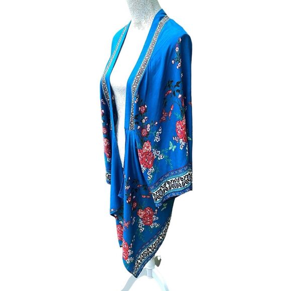 Flying Tomato Kimono Jacket Robe Kaftan Cover Up Blue Red Floral Sz S/M Boho - Picture 4 of 10